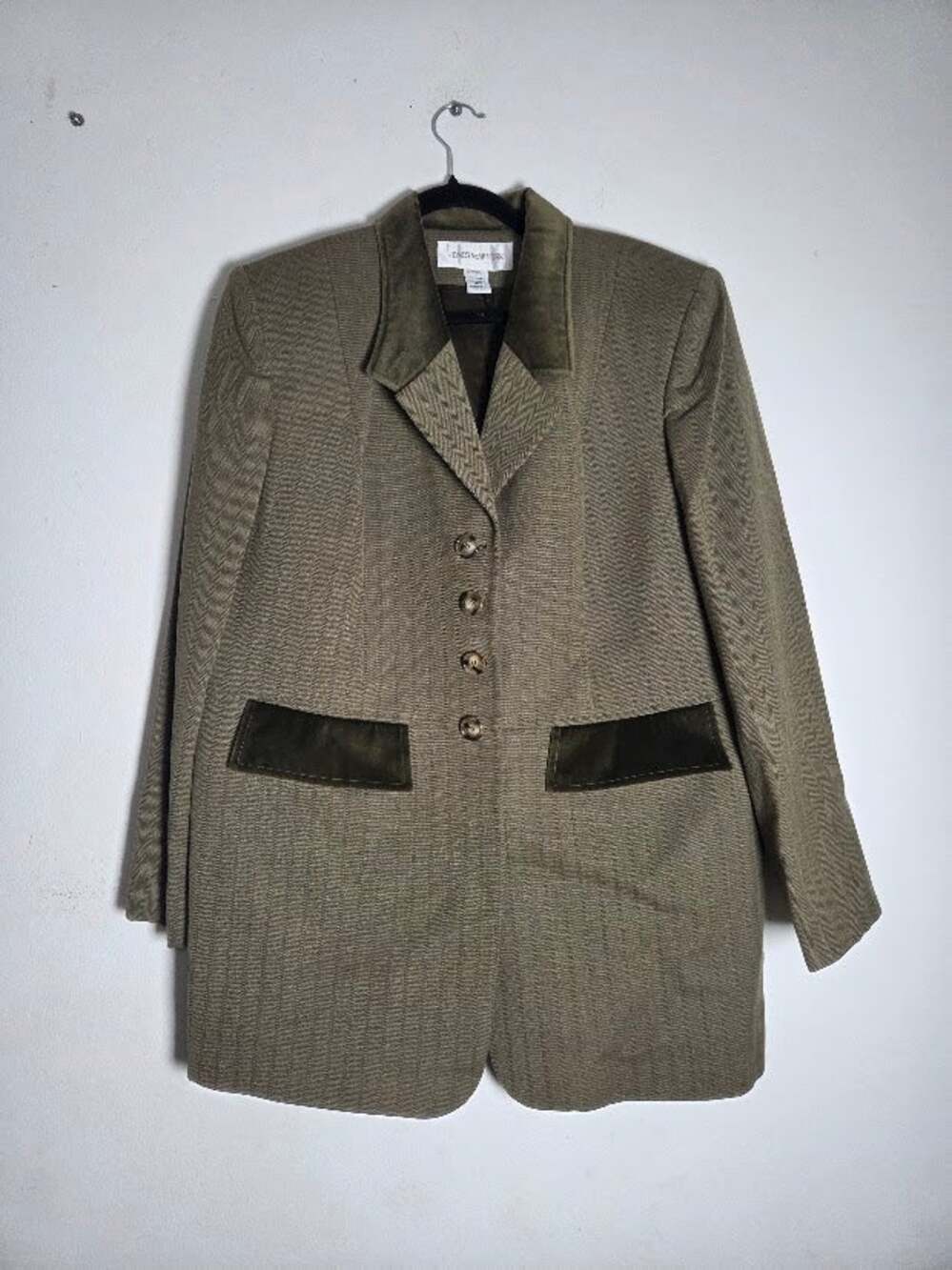 Jones NY Olive Green Chevron Tweed Velvet Trim Wool Dark Academia Blazer sz 16W